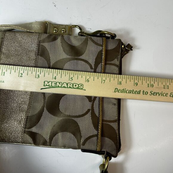 Coach Tan Brown Signature Canvas Champagne Gold Stripe Small Crossbody Bag - Picture 12 of 13